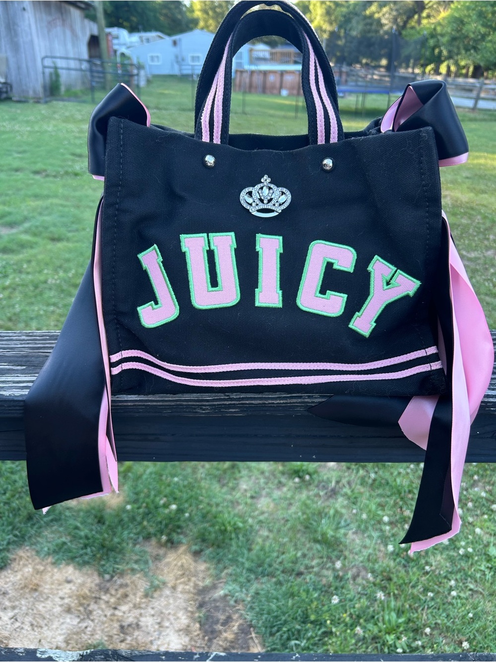 UK Exclusive Juicy Couture Black Tote with Pink Trim and Green-Edged Lettering